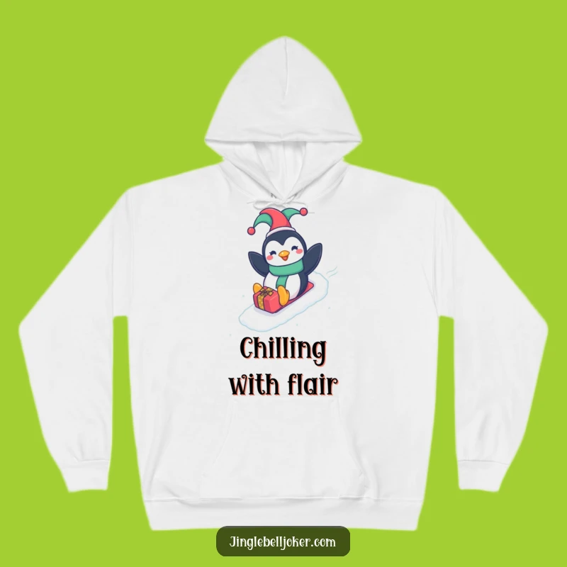 Funny Penguin Jester Hoodie: Cozy Fun Sliding Down Slope Gift