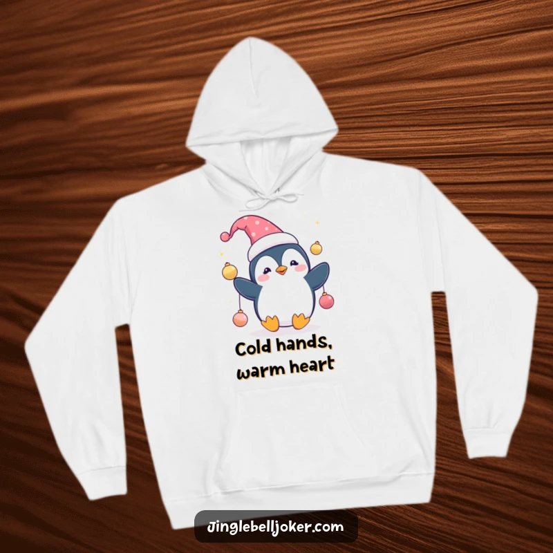 Funny Penguin Jester Hoodie: Cute penguin in a jester hat, juggling sparkling ornaments, cozy holiday humor.