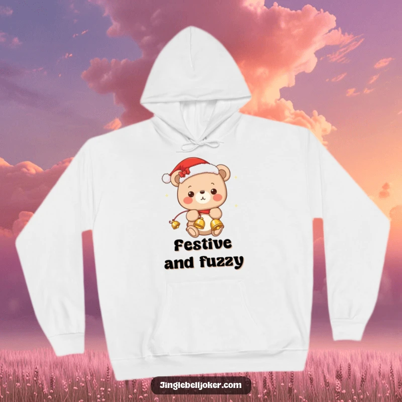Funny hoodie with a kawaii bear in a Santa hat, cheerfully juggling jingle bells, perfect for Christmas festivities.