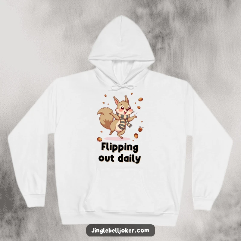 Funny Hoodie: A squirrel in a scarf joyfully cartwheels, scattering acorns, embodying playful, nutty energy.