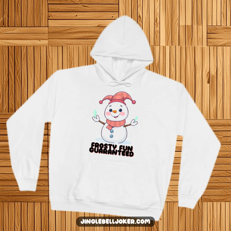 Funny Snowman Hoodie: Smiling snowman in a jester hat juggling glowing icicles, warm and humorous.