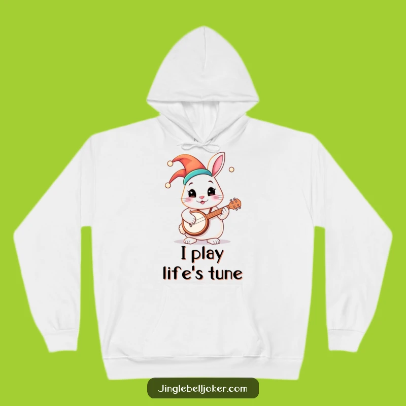 Funny Jester Bunny Banjo Hoodie: Cozy Whimsical Musician Wear, Perfect Gift