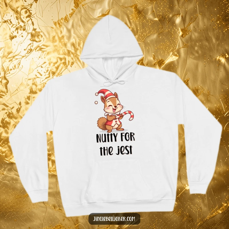 Funny hoodie design of a giggling squirrel in a jester suit trying to balance a candy cane, perfect for warmth.