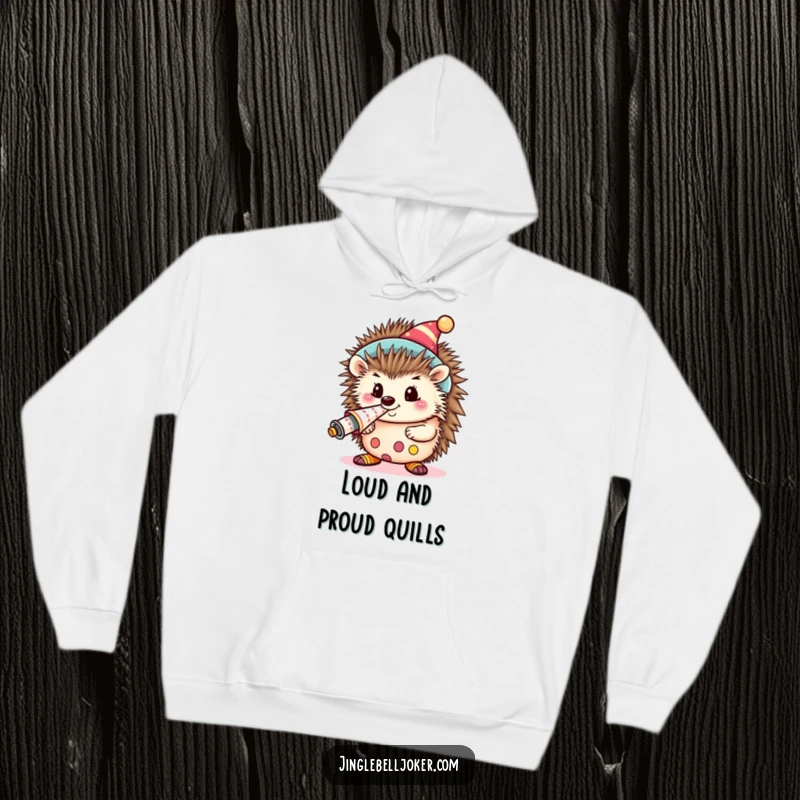 Funny Kawaii Clown Hedgehog Hoodie: A cute hedgehog dressed as a clown, blowing a loud party horn, perfect for comfort.