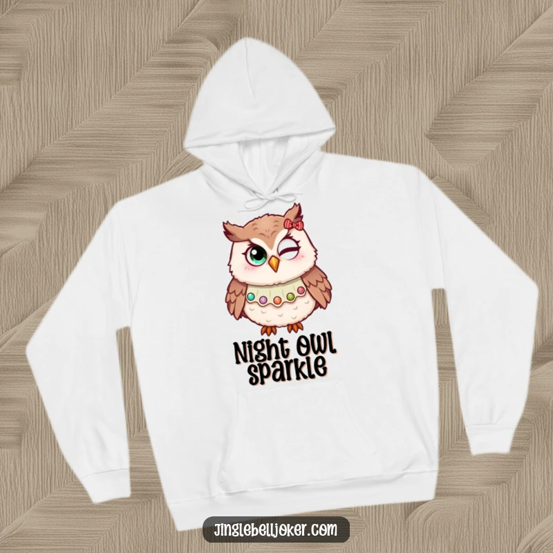 Funny hoodie featuring an owl in a jester collar, attempting a wink with holiday glitter, perfect for cozy and festive humor during winter.