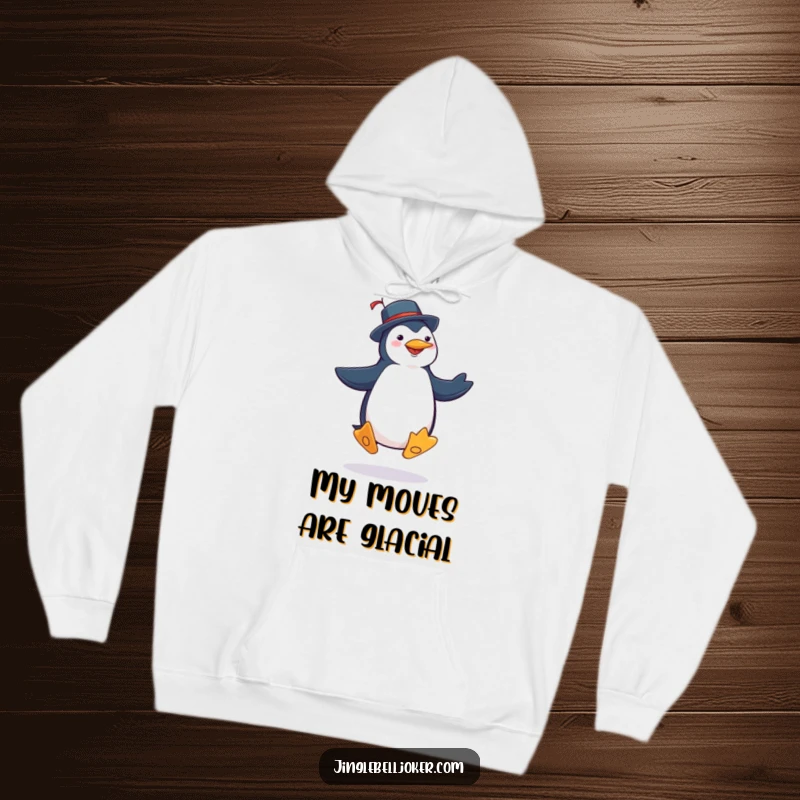 Funny penguin joker hoodie showing a character in jester costume attempting a silly jig with exaggerated, comical dance steps.