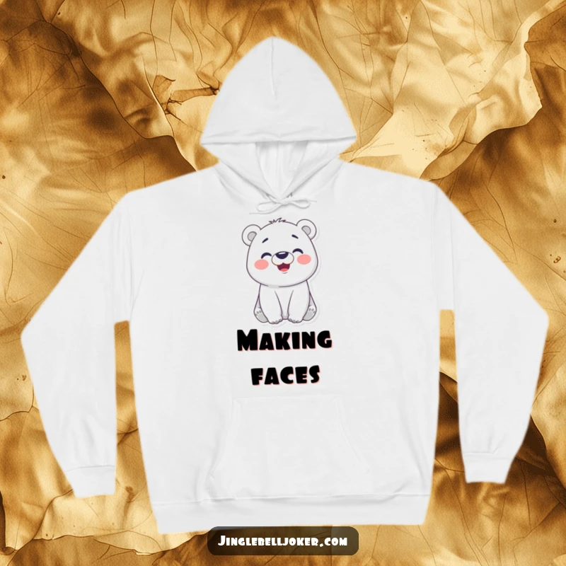 Funny hoodie graphic of a cheerful polar bear with rosy cheeks pulling a funny face, radiating warmth, joy, and playful energy.