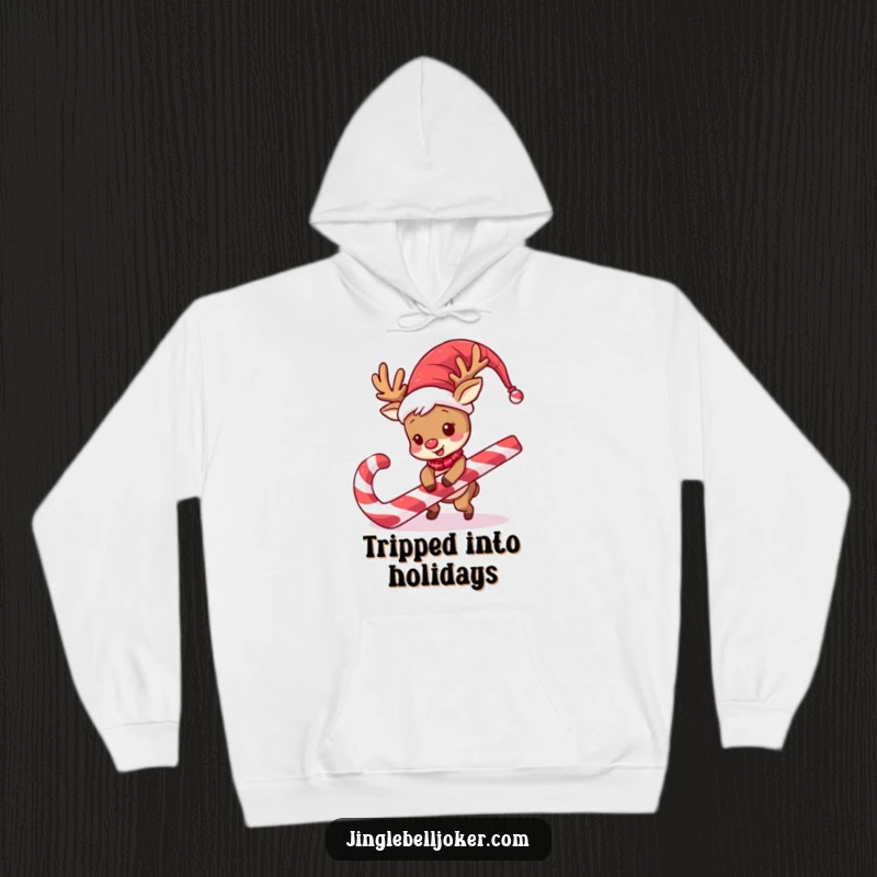 Funny Reindeer Jester Hoodie: A comical reindeer in jester attire stumbles over a large candy cane, bringing holiday mirth.