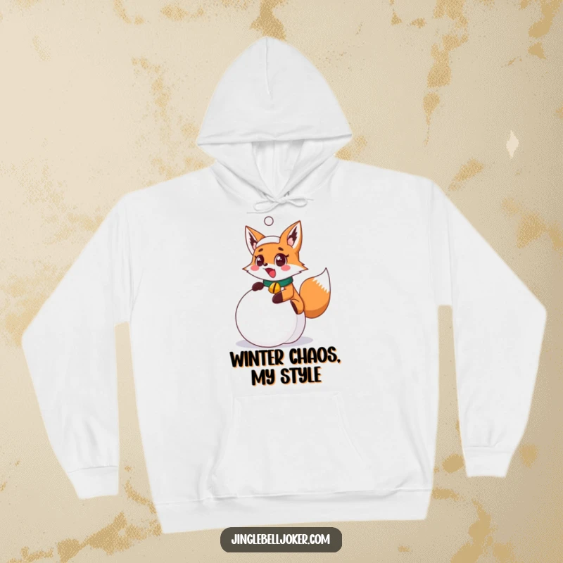 Funny surprised fox joker with jingle bell collar slipping on a festive snowball, captured on a cozy hoodie for winter laughs.