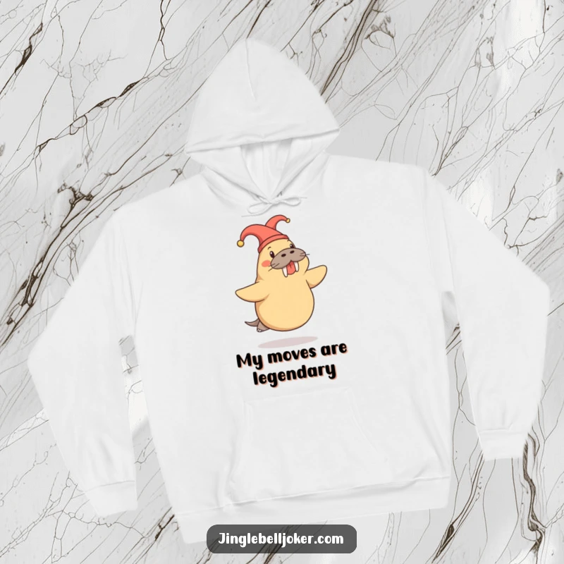 Funny Walrus Hoodie: Cheerful walrus in a jester hat doing a playful skip, warm and humorous.