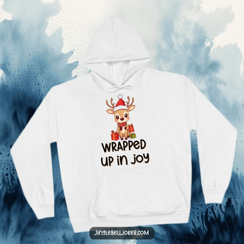 Funny hoodie depicting a deer in a Santa hat curiously juggling presents, ideal for festive warmth.