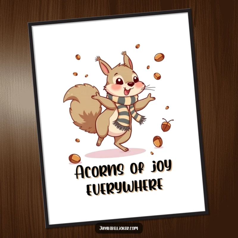 Funny Free Printable Wall Art: Speedy squirrel cartwheels, scattering acorns like confetti, a lively and fun cartoon for your wall.