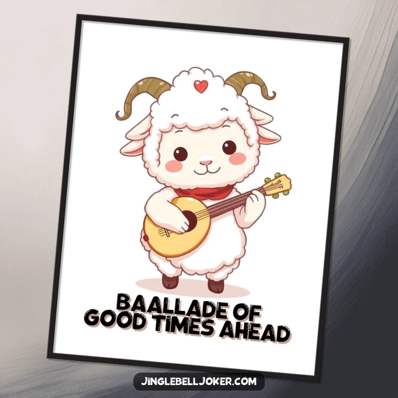 Funny Free Printable Wall Art: A fluffy sheep in a jester collar, joyfully playing a tiny festive lute, creating a charming scene.