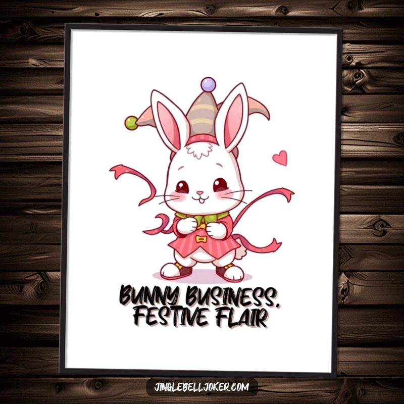 Funny Free Printable Wall Art: A playful bunny character in a jester costume energetically twists a long, colorful ribbon.