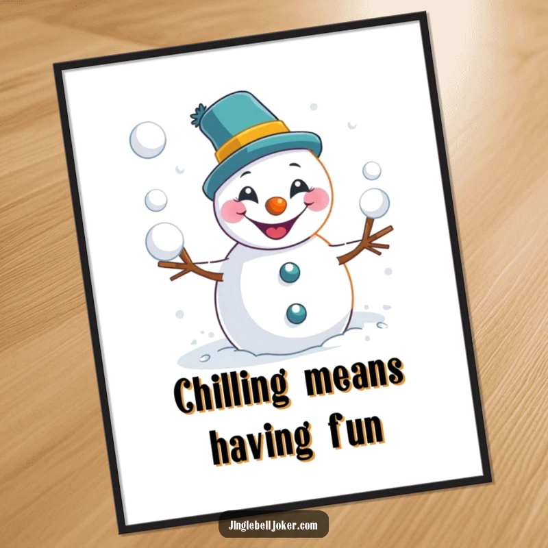 Funny Free Printable Wall Art: A grinning joker snowman expertly tossing snowballs, bringing wintery mischief to any wall.