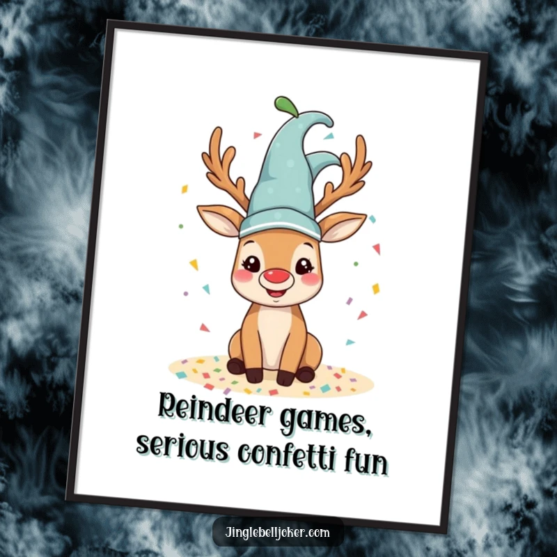 Funny free printable wall art of a happy reindeer sporting a jester hat, playfully spilling a cascade of colorful confetti.