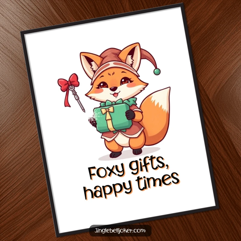Funny Free Printable Wall Art: A festive fox in jester attire triumphantly holds a sparkling gift, adding celebratory cheer to any room.