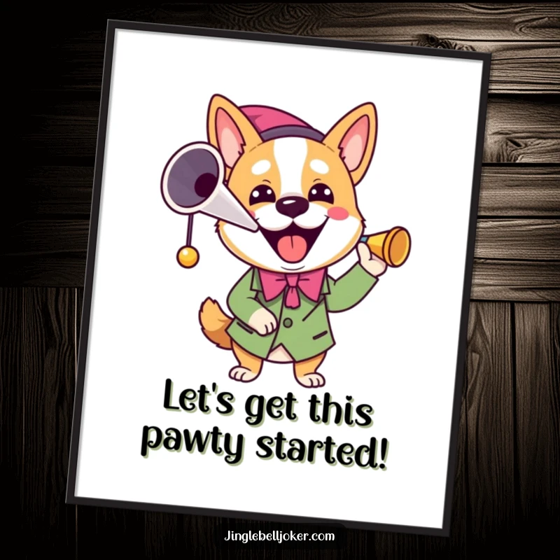 Funny Free Printable Joker Dog Wall Art: Joker dog in costume enthusiastically blows a horn, spreading joy.