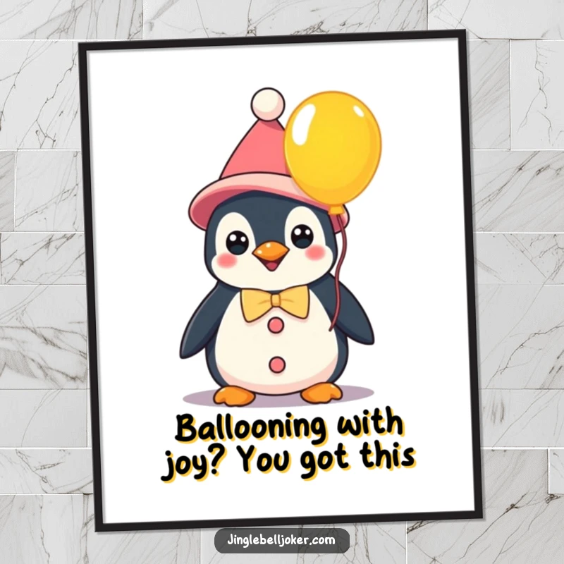 Funny Free Printable Wall Art: A kawaii penguin dressed as a clown holds a bright balloon, adding whimsical fun. Fun downloadable gift.