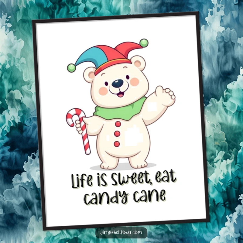 Funny Free Printable Wall Art: Happy polar bear in a jester costume posing with a candy cane, whimsical art.