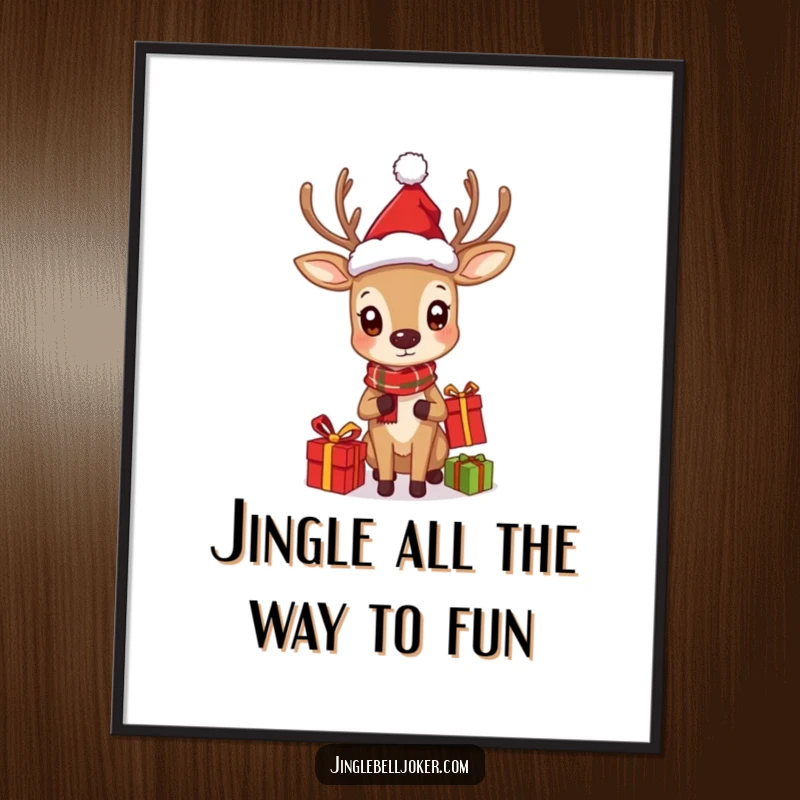 Funny Free Printable Wall Art: A charming deer wearing a Santa hat skillfully juggles an assortment of wrapped gifts.