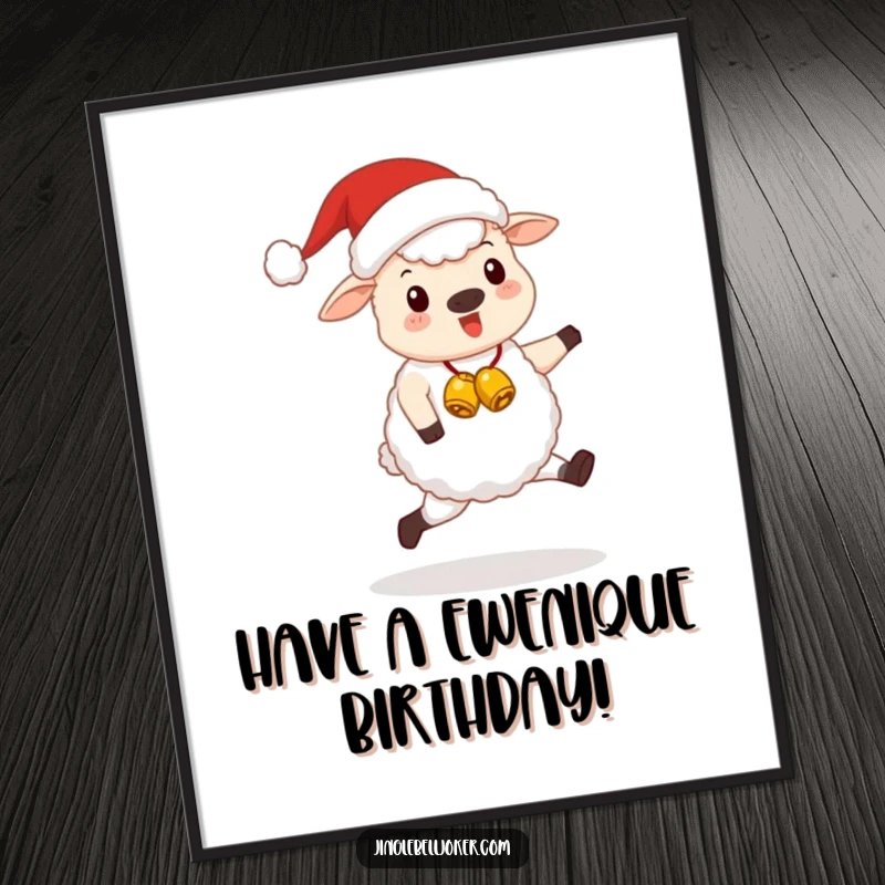 Funny Free Printable Wall Art: Kawaii sheep wearing a Santa hat and jingle bells, skipping with festive happiness.