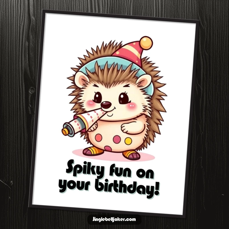 Funny Free Printable Wall Art: Kawaii hedgehog in full clown costume blowing a large, loud party horn.