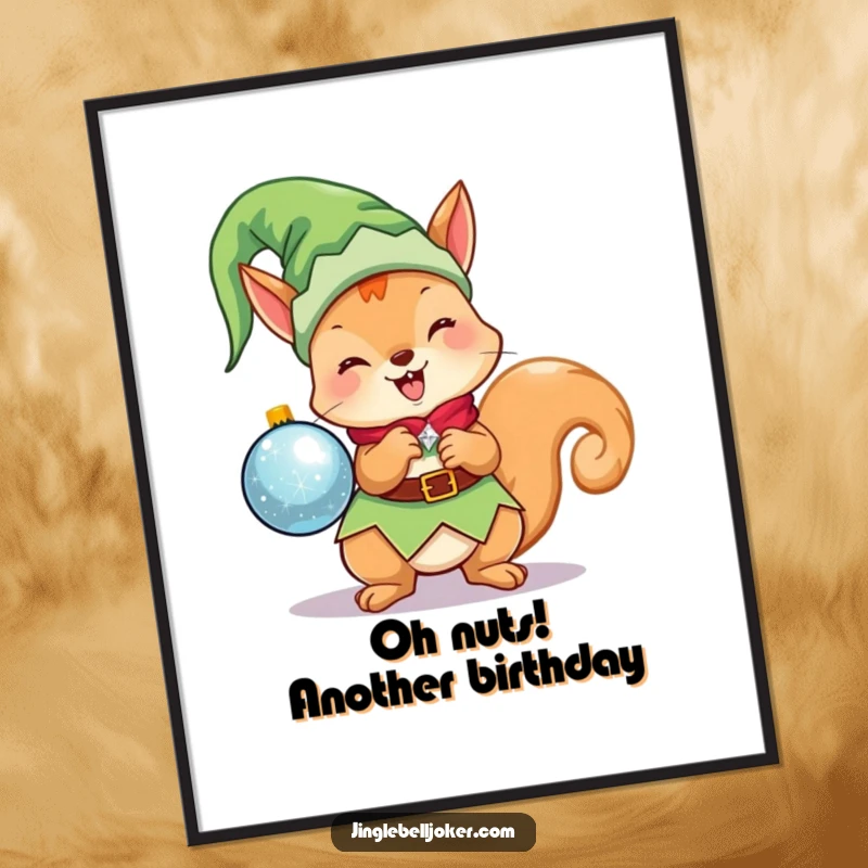 Funny Free Printable Wall Art: Kawaii elf squirrel in an elf costume holding a bright, sparkling ornament.