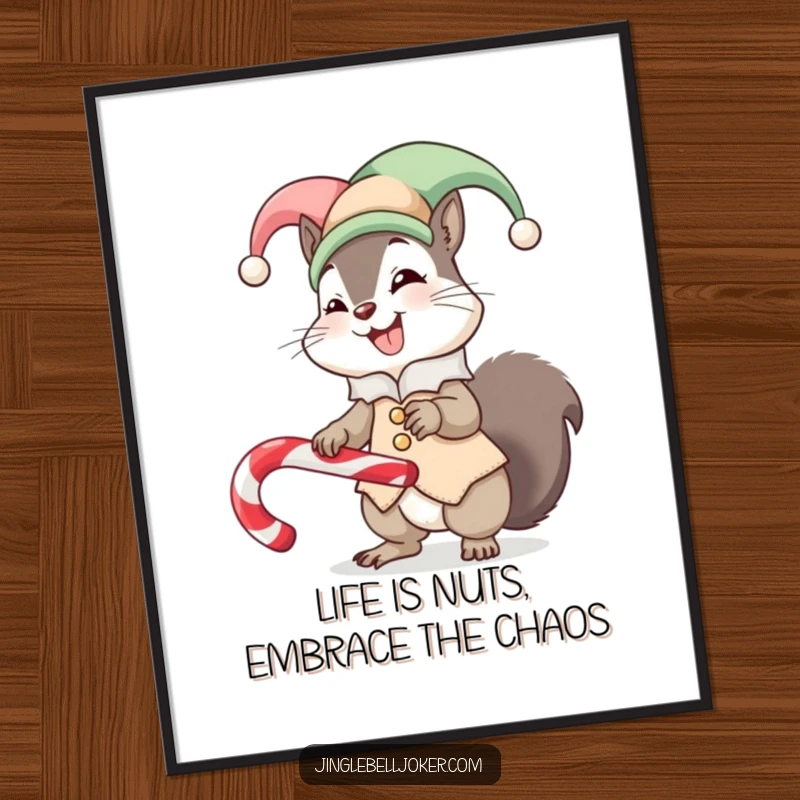 Funny Free Printable Wall Art: A giggling squirrel dressed as a jester humorously tries to balance a candy cane, creating playful decor.