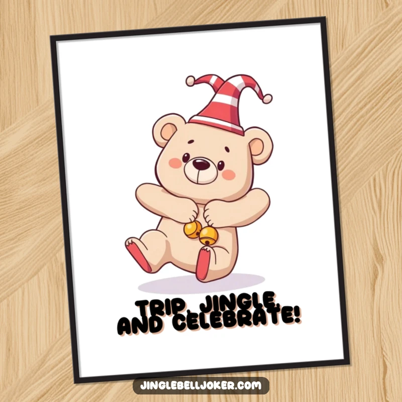 Funny Free Printable Wall Art: A jester bear, bells jingling, captured mid-fall in a comical pose.