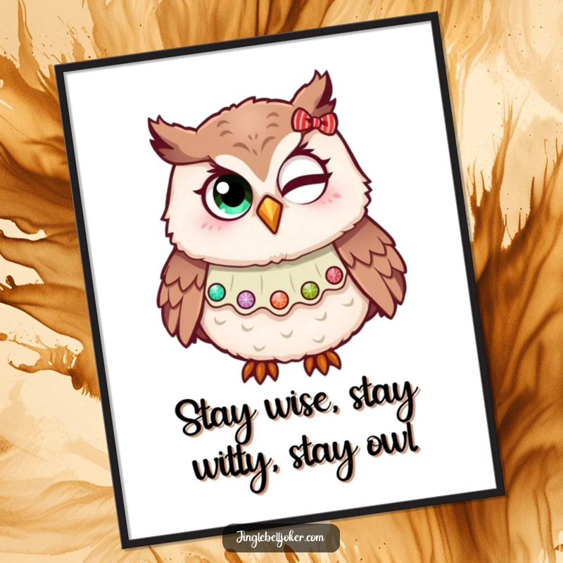 Funny Free Printable Wall Art: A jester owl with holiday glitter hilariously attempts a wink for festive and playful decor.