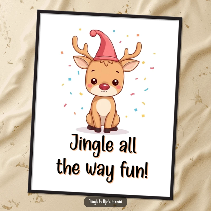 Funny Free Printable Wall Art: A cute reindeer wearing a jester hat, joyfully throwing a shower of colorful confetti.