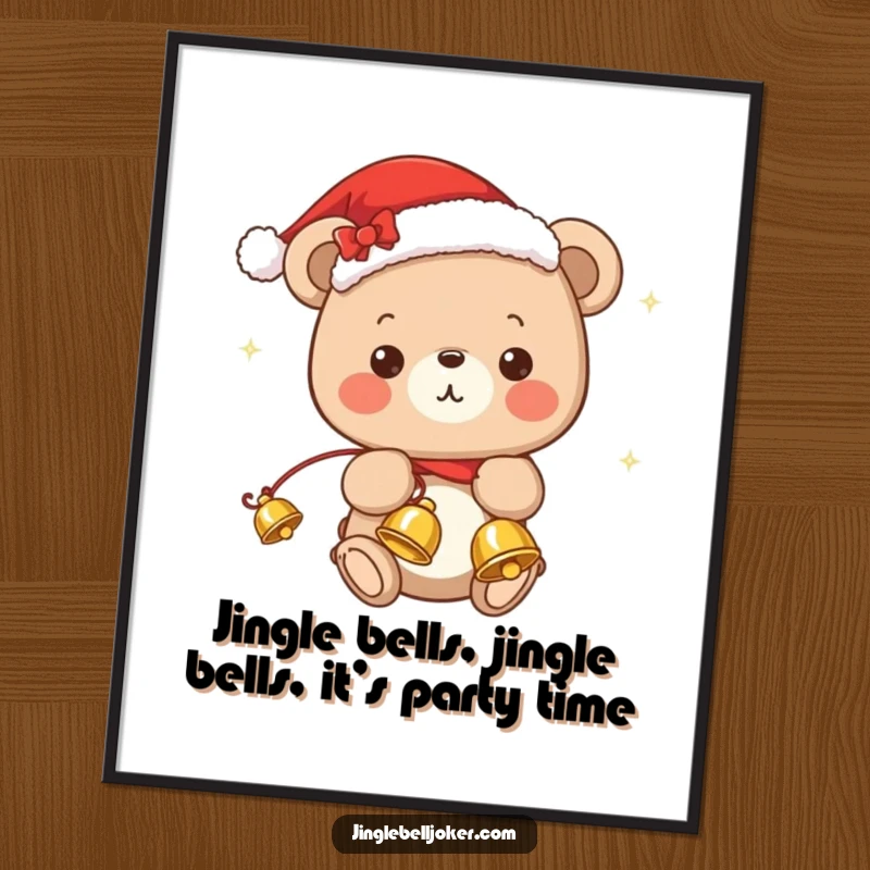 Funny Free Printable Wall Art: Kawaii bear in a Santa hat juggles jingle bells, radiating festive charm.