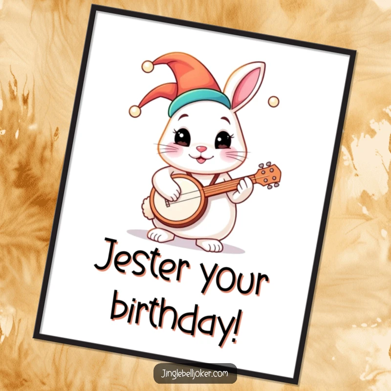 Funny Free Printable Wall Art: A round bunny in a colorful jester hat plays a tiny banjo, a cheerful DIY decor.