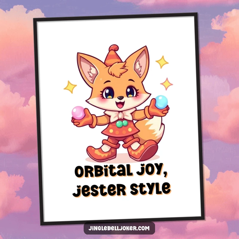 Funny Free Printable Wall Art: An energetic fox in exaggerated jester shoes, masterfully juggling radiant, glowing orbs, bringing light.
