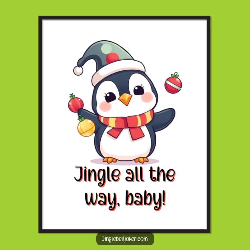 Funny Free Printable Wall Art: Jester Penguin Juggling Ornaments, Hilarious Festive Home Decor