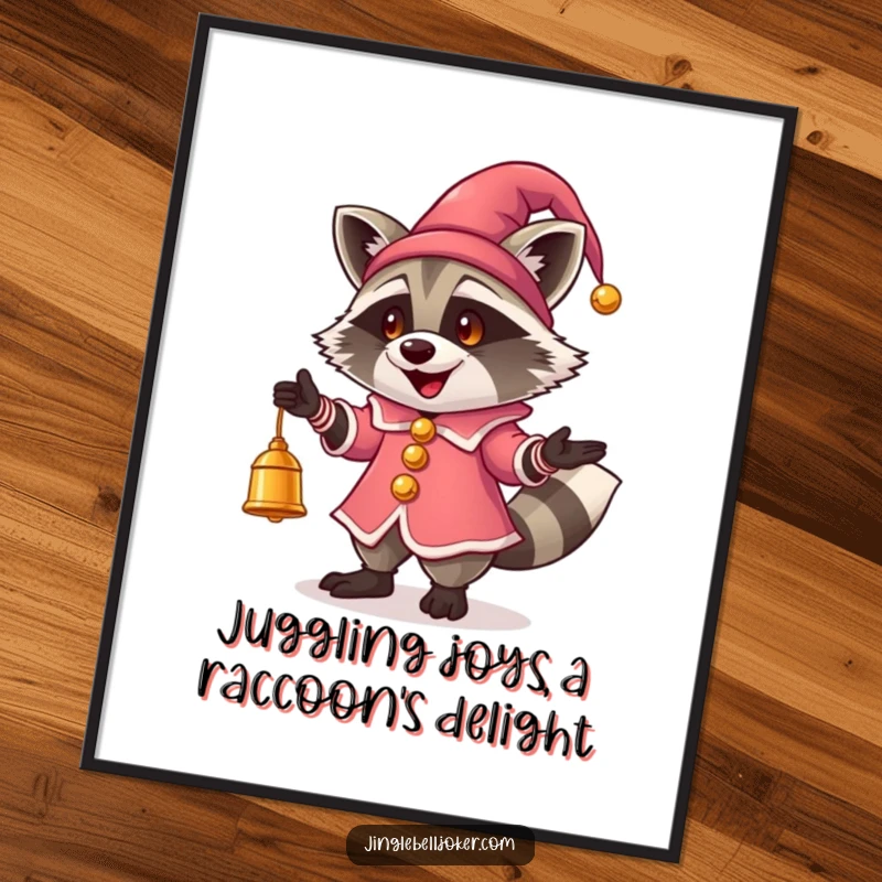 Funny Free Printable Wall Art: A cute raccoon in a jester outfit is skillfully juggling three bright, glowing bells.