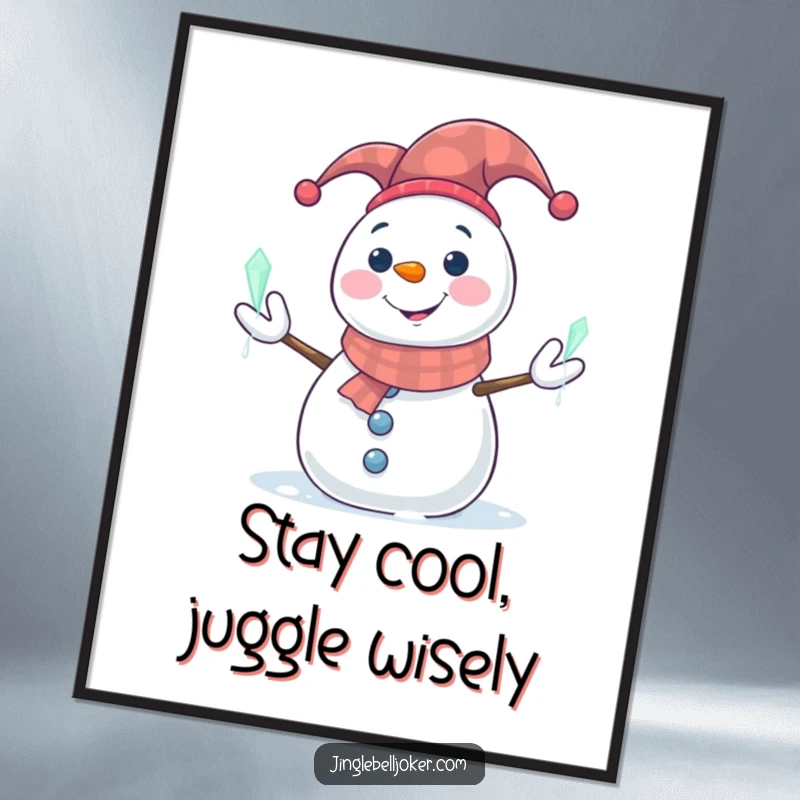 Funny Free Printable Wall Art: Smiling snowman in a jester hat juggling glowing icicles, whimsical winter cartoon art for your home.