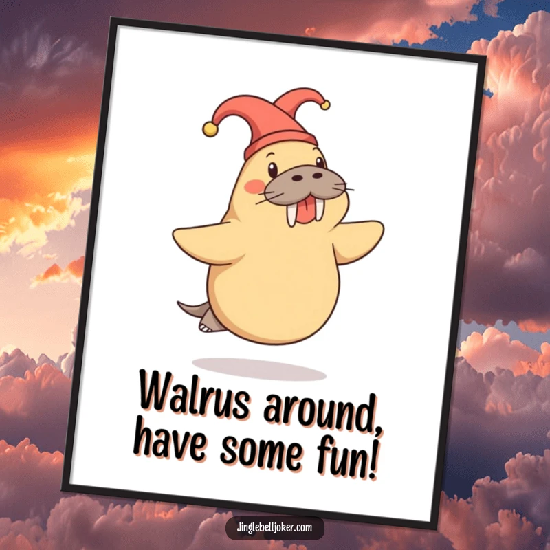 Funny Free Printable Wall Art: Cheerful walrus in a jester hat doing a playful skip, whimsical cartoon art for your home.