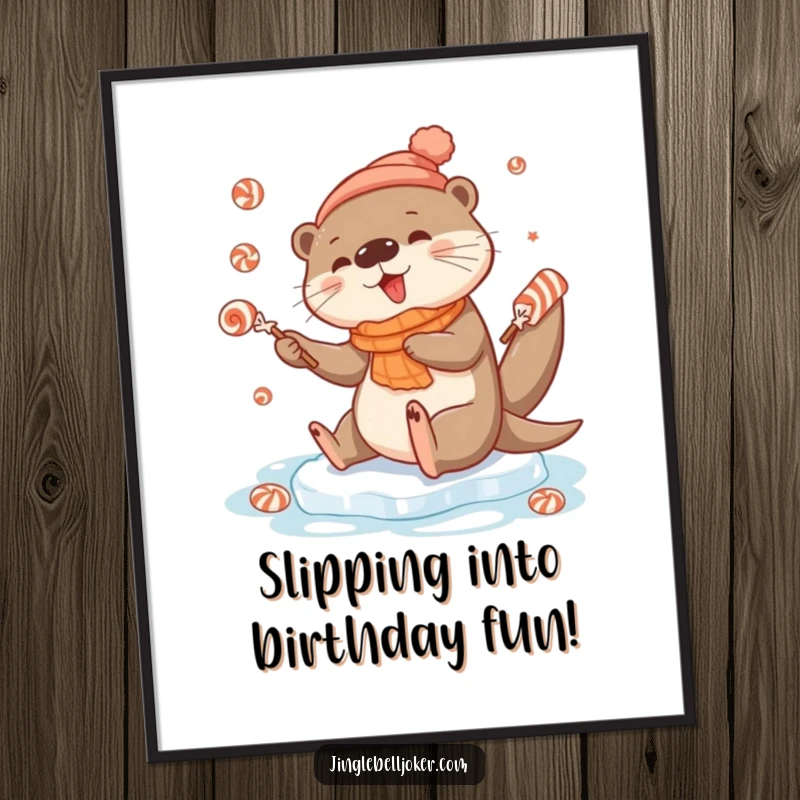 Funny Free Printable Wall Art: A cute otter comically slips on ice while juggling festive candies, perfect for a humorous DIY decor.