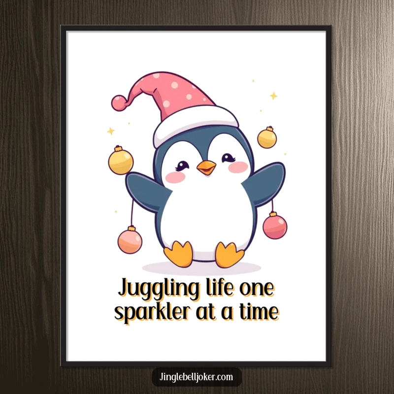 Funny Free Printable Wall Art: A cute penguin in a jester hat, expertly juggling shimmering ornaments, creating a festive atmosphere.