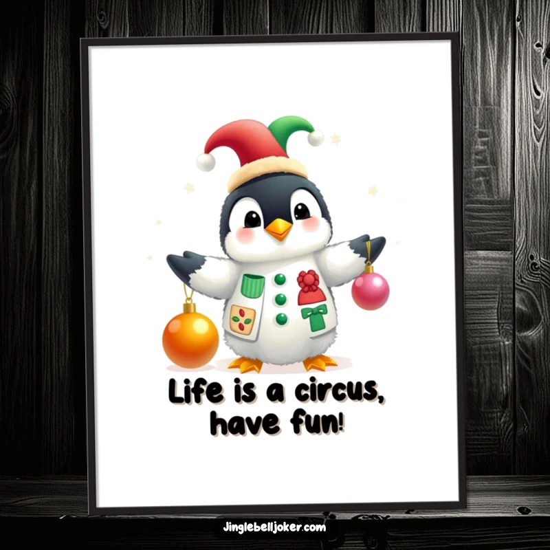 Funny Free Printable Wall Art: Penguin in a jester hat juggling colorful Christmas baubles, whimsical and festive.