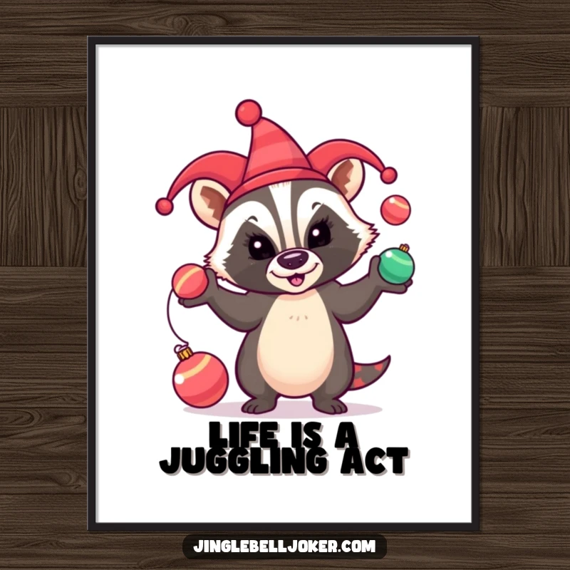Funny Free Printable Wall Art: Mischievous badger jester in a hat juggles baubles, adding comical charm to your decor.