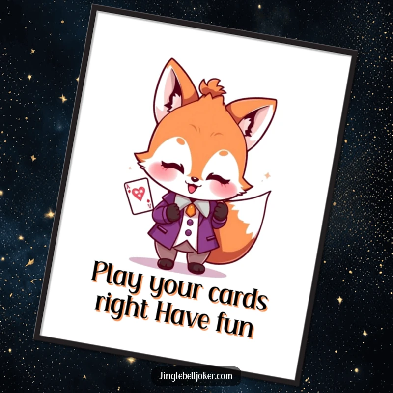 Funny Free Printable Wall Art: A blushing fox in a joker costume holds a sparkly playing card, adding flair.