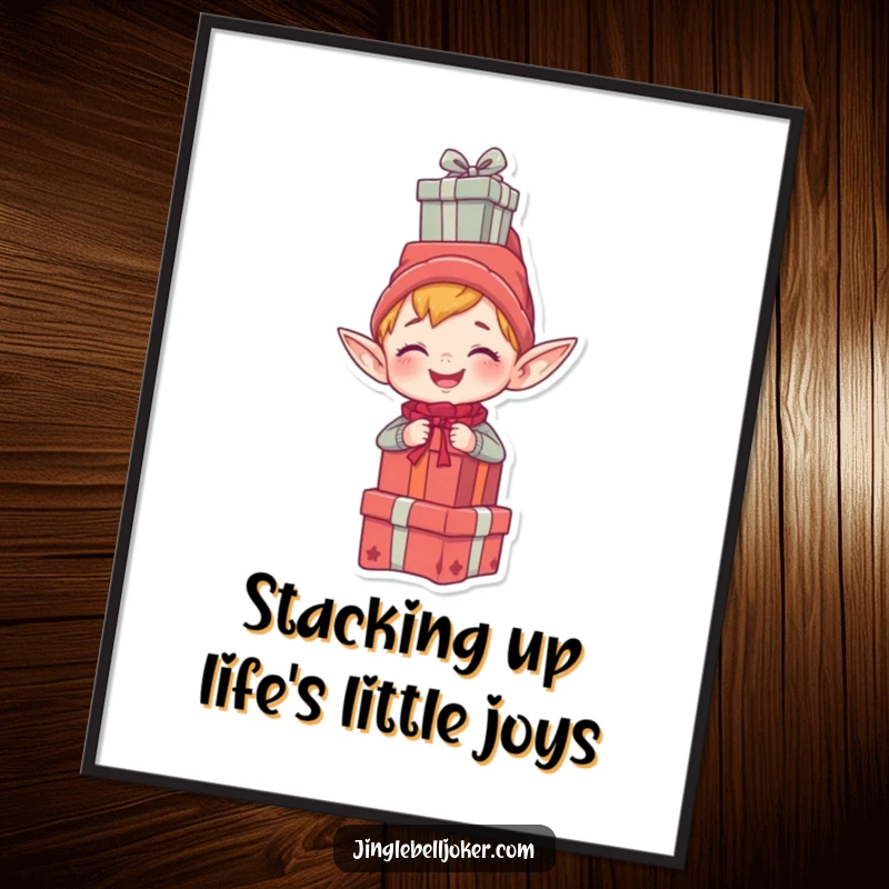 Funny Free Printable Wall Art shows a giggling elf with a stack of presents balanced perfectly atop its head, radiating joy.