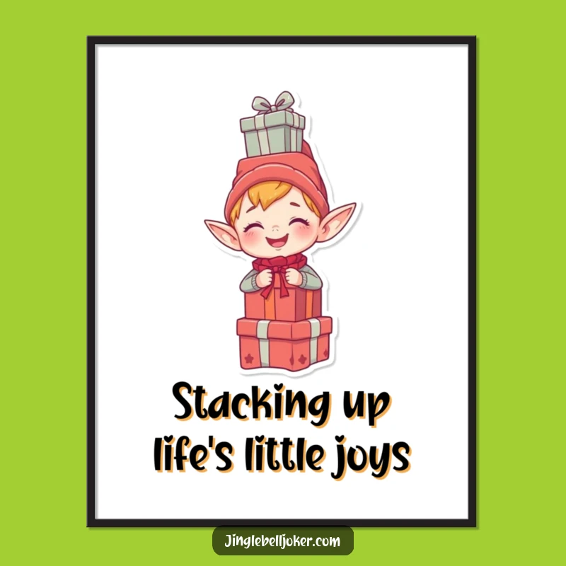 Funny Free Printable Wall Art: Giggling Elf's Gift Stack, Whimsical Downloadable Decor