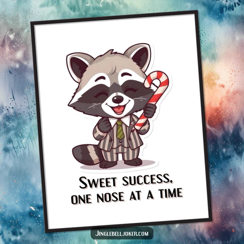 Funny Free Printable Wall Art: Raccoon in a striped suit balances a candy cane on its nose, a charming and comical decoration.
