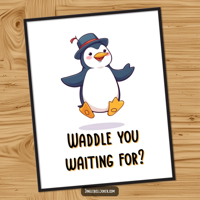 Funny Free Printable Wall Art: A penguin in a joker outfit performing a joyfully silly jig with dramatic, exaggerated dance moves.