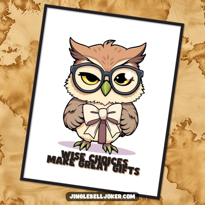 Funny Free Printable Wall Art: Winking owl with large glasses struggles humorously to tie a present bow, wise and funny art.