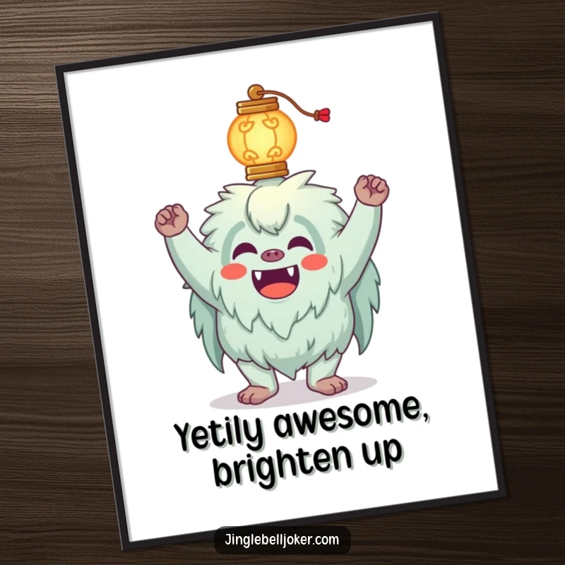 Funny Free Printable Wall Art: A silly yeti joker humorously attempts to balance a glowing lantern on its head.